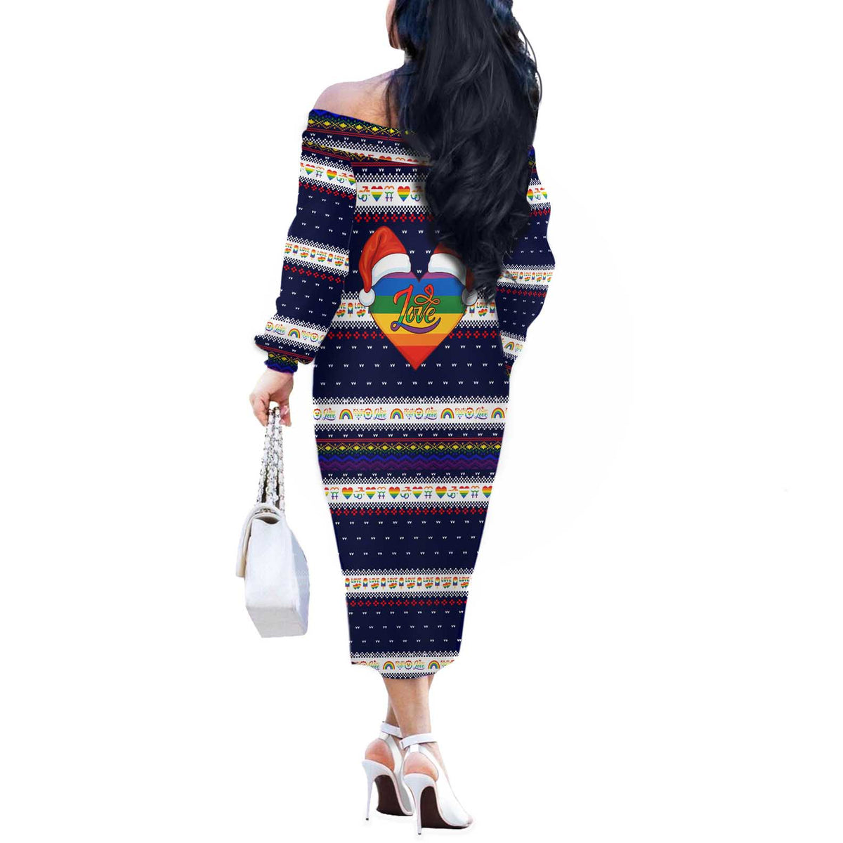 LGBT Heart Christmas Yall Christmas Off The Shoulder Long Sleeve Dress Xmas Holiday Patterns - Wonder Print Shop