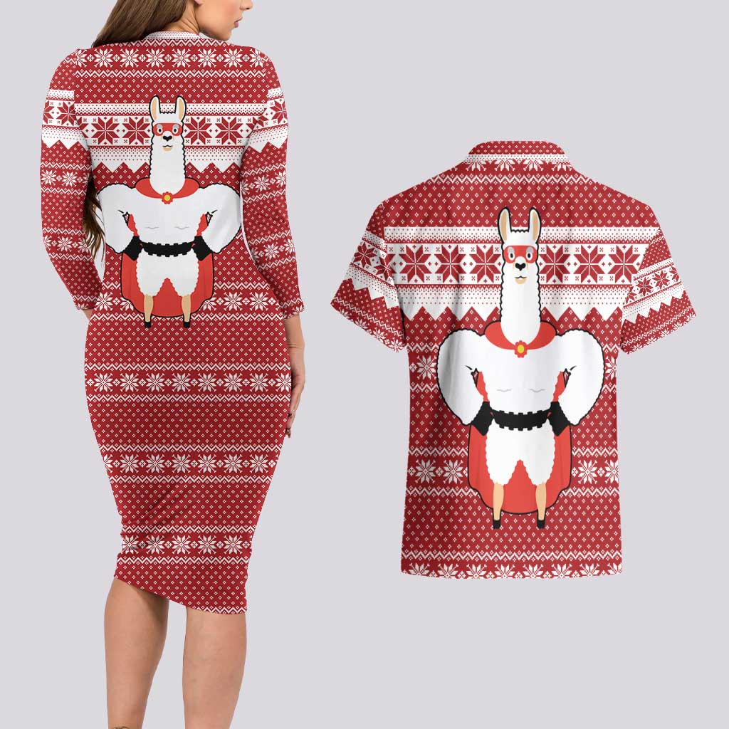 Llama Superhero Christmas Couples Matching Long Sleeve Bodycon Dress and Hawaiian Shirt Xmas Holiday Patterns - Wonder Print Shop