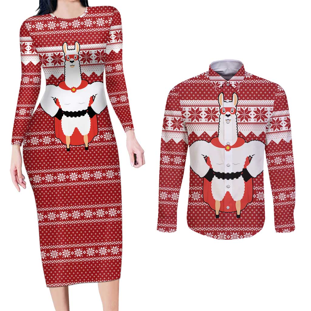 Llama Superhero Christmas Couples Matching Long Sleeve Bodycon Dress and Long Sleeve Button Shirt Xmas Holiday Patterns - Wonder Print Shop