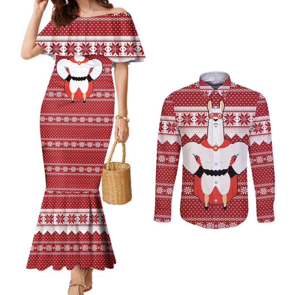 Llama Superhero Christmas Couples Matching Mermaid Dress and Long Sleeve Button Shirt Xmas Holiday Patterns - Wonder Print Shop
