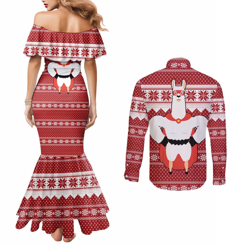 Llama Superhero Christmas Couples Matching Mermaid Dress and Long Sleeve Button Shirt Xmas Holiday Patterns - Wonder Print Shop