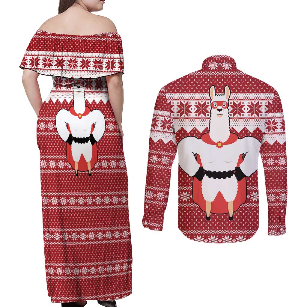 Llama Superhero Christmas Couples Matching Off Shoulder Maxi Dress and Long Sleeve Button Shirt Xmas Holiday Patterns - Wonder Print Shop