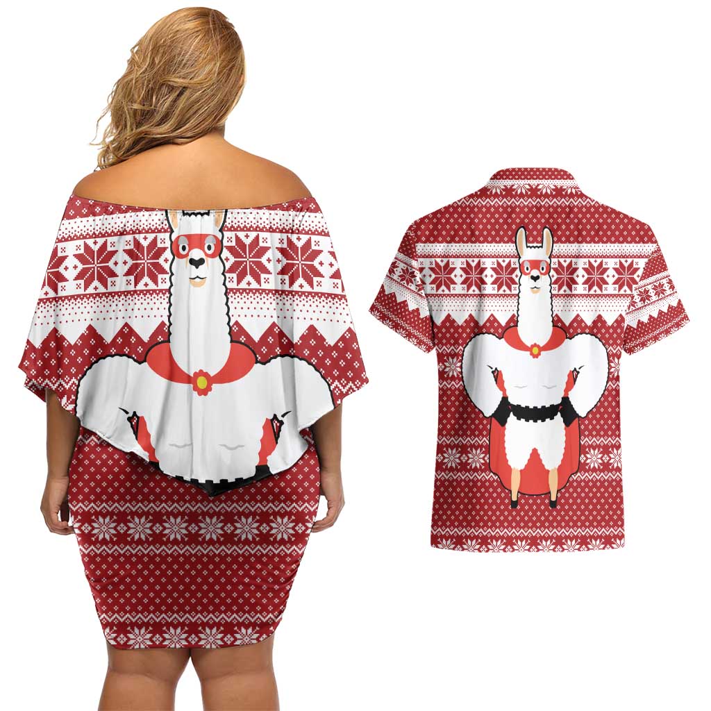 Llama Superhero Christmas Couples Matching Off Shoulder Short Dress and Hawaiian Shirt Xmas Holiday Patterns - Wonder Print Shop