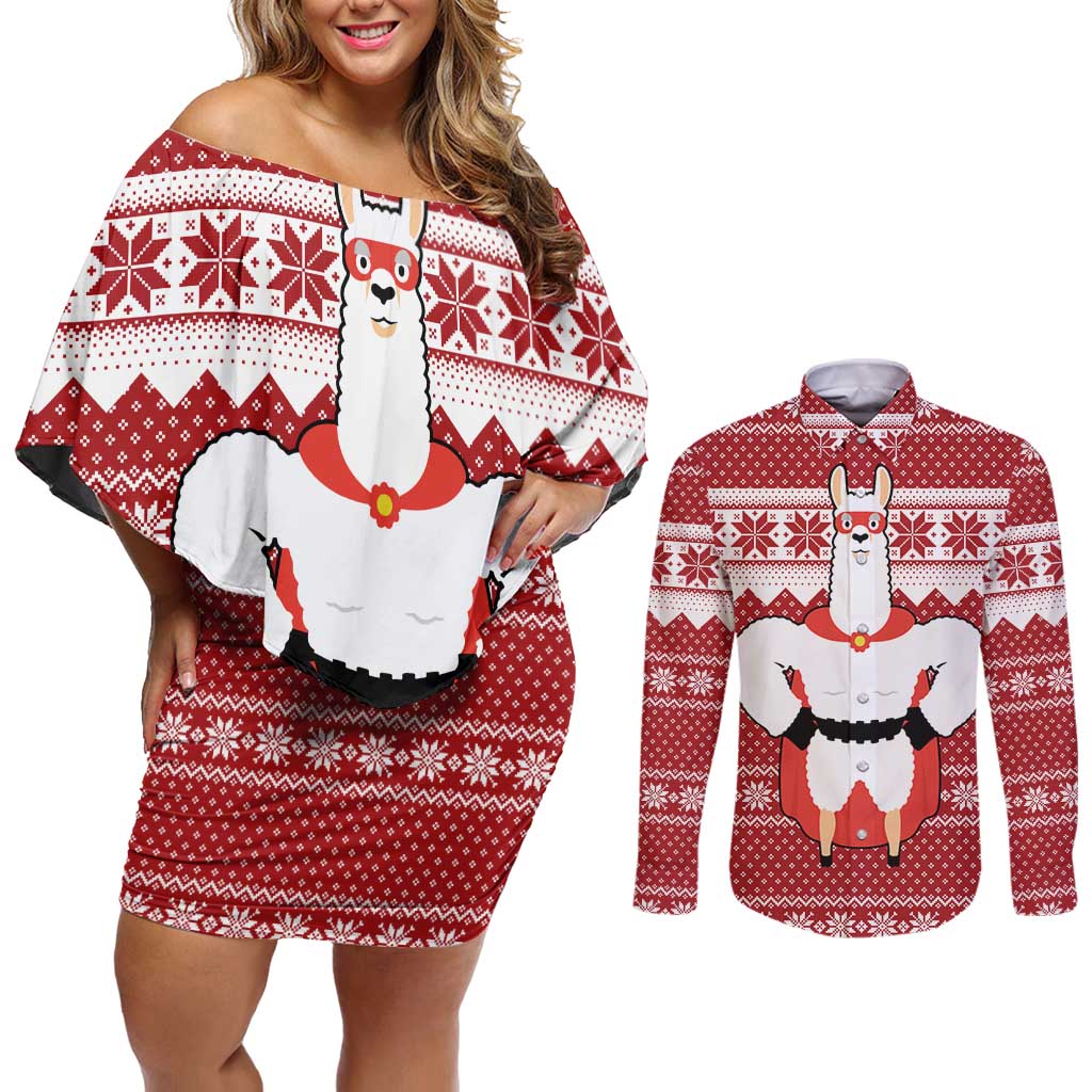 Llama Superhero Christmas Couples Matching Off Shoulder Short Dress and Long Sleeve Button Shirt Xmas Holiday Patterns - Wonder Print Shop