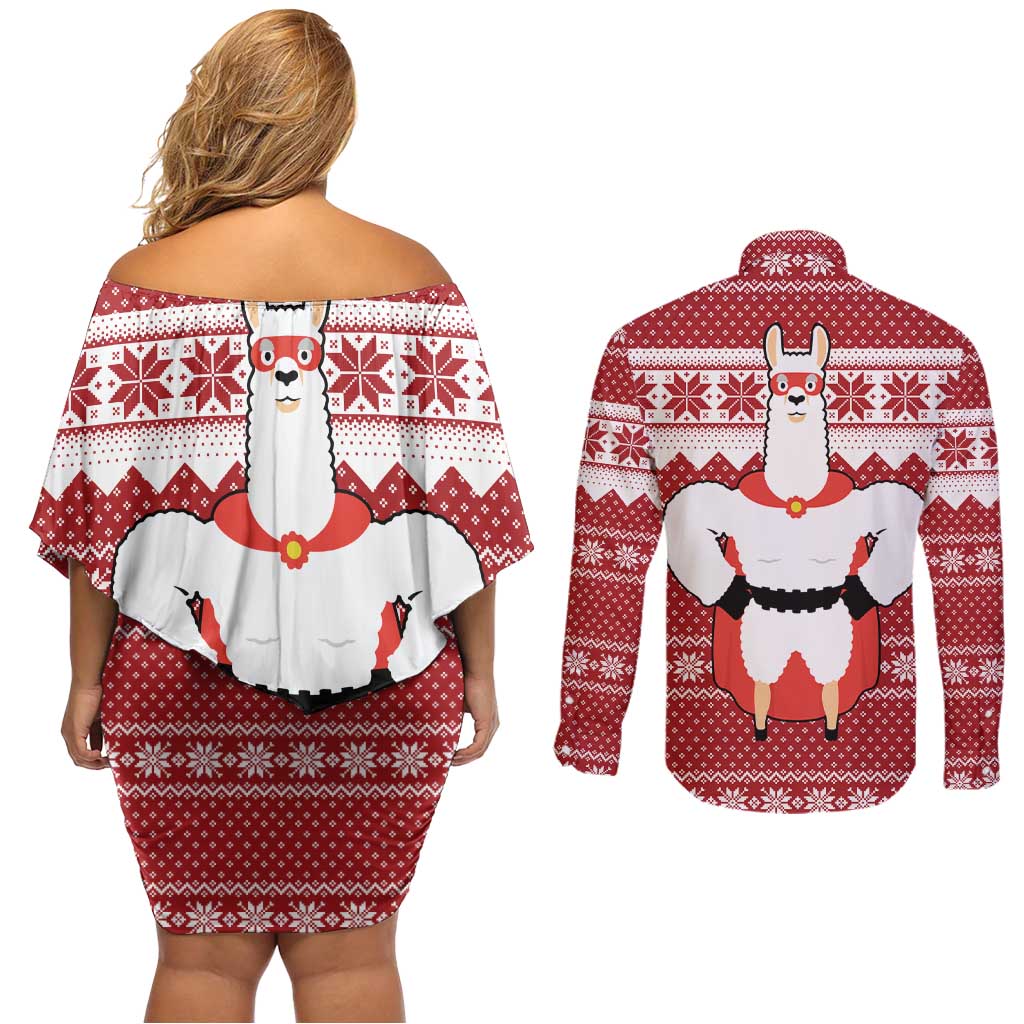 Llama Superhero Christmas Couples Matching Off Shoulder Short Dress and Long Sleeve Button Shirt Xmas Holiday Patterns - Wonder Print Shop
