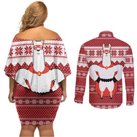 Llama Superhero Christmas Couples Matching Off Shoulder Short Dress and Long Sleeve Button Shirt Xmas Holiday Patterns - Wonder Print Shop