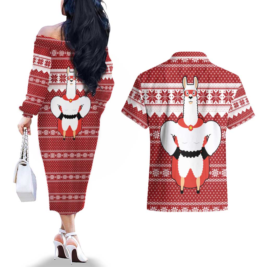 Llama Superhero Christmas Couples Matching Off The Shoulder Long Sleeve Dress and Hawaiian Shirt Xmas Holiday Patterns - Wonder Print Shop
