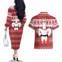 Llama Superhero Christmas Couples Matching Off The Shoulder Long Sleeve Dress and Hawaiian Shirt Xmas Holiday Patterns - Wonder Print Shop