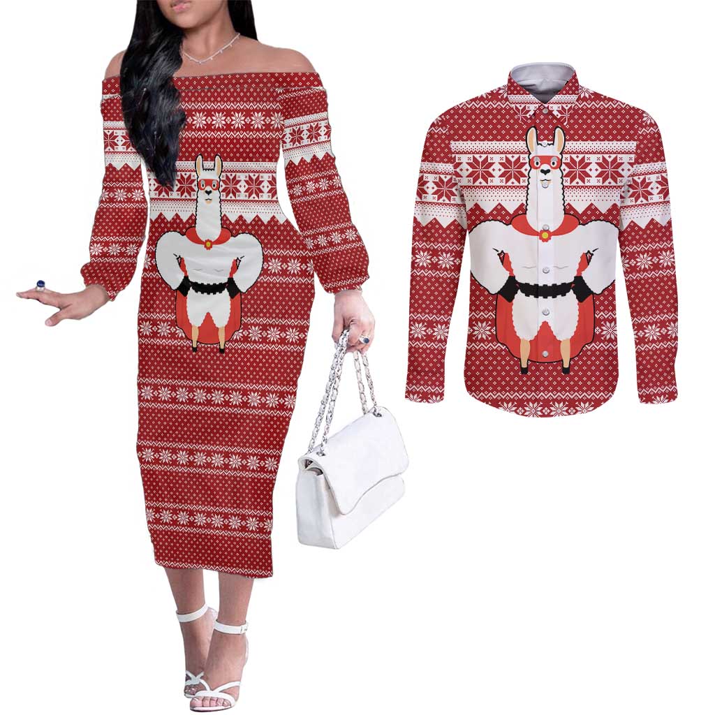 Llama Superhero Christmas Couples Matching Off The Shoulder Long Sleeve Dress and Long Sleeve Button Shirt Xmas Holiday Patterns - Wonder Print Shop