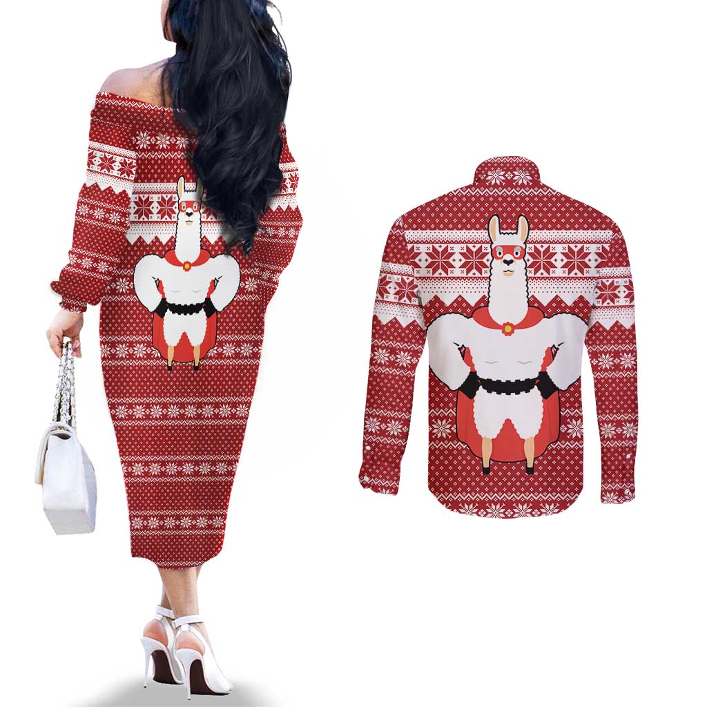 Llama Superhero Christmas Couples Matching Off The Shoulder Long Sleeve Dress and Long Sleeve Button Shirt Xmas Holiday Patterns - Wonder Print Shop