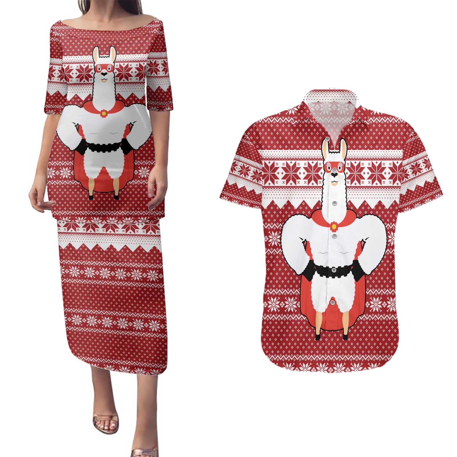 Llama Superhero Christmas Couples Matching Puletasi and Hawaiian Shirt Xmas Holiday Patterns - Wonder Print Shop