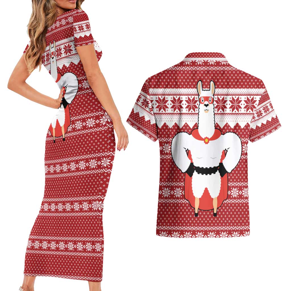 Llama Superhero Christmas Couples Matching Short Sleeve Bodycon Dress and Hawaiian Shirt Xmas Holiday Patterns - Wonder Print Shop