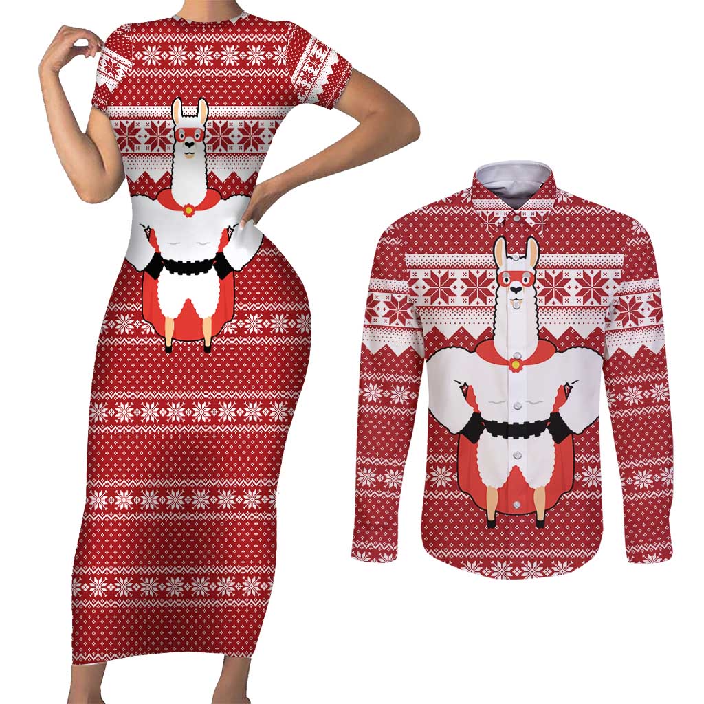 Llama Superhero Christmas Couples Matching Short Sleeve Bodycon Dress and Long Sleeve Button Shirt Xmas Holiday Patterns - Wonder Print Shop