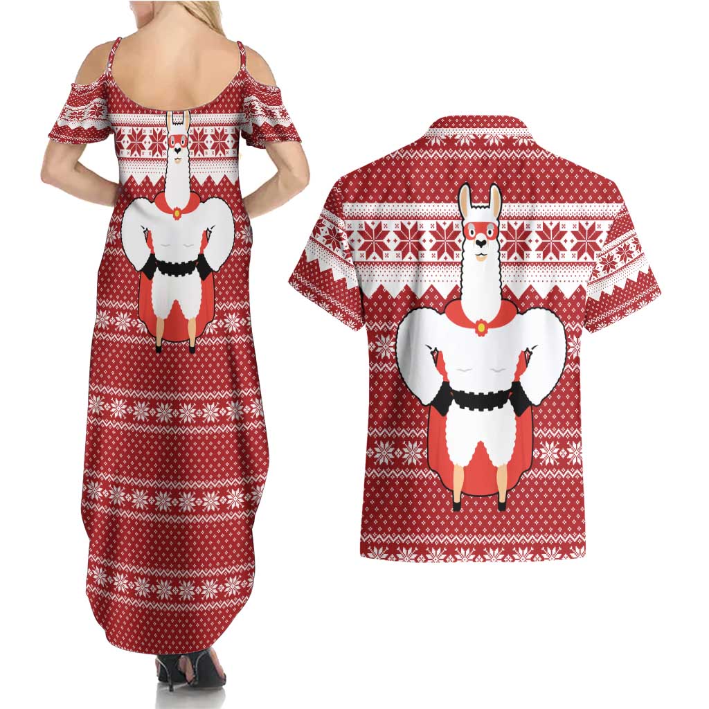 Llama Superhero Christmas Couples Matching Summer Maxi Dress and Hawaiian Shirt Xmas Holiday Patterns - Wonder Print Shop