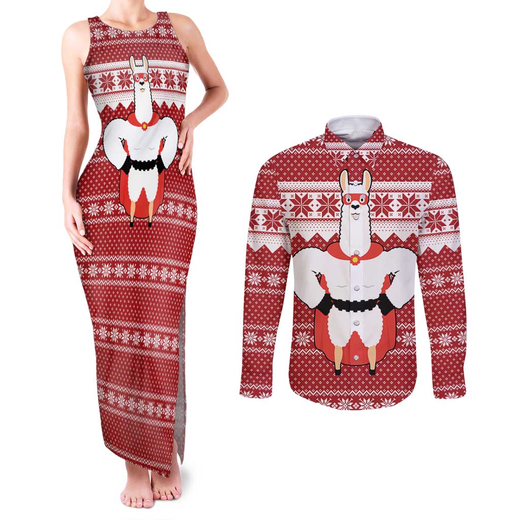 Llama Superhero Christmas Couples Matching Tank Maxi Dress and Long Sleeve Button Shirt Xmas Holiday Patterns - Wonder Print Shop