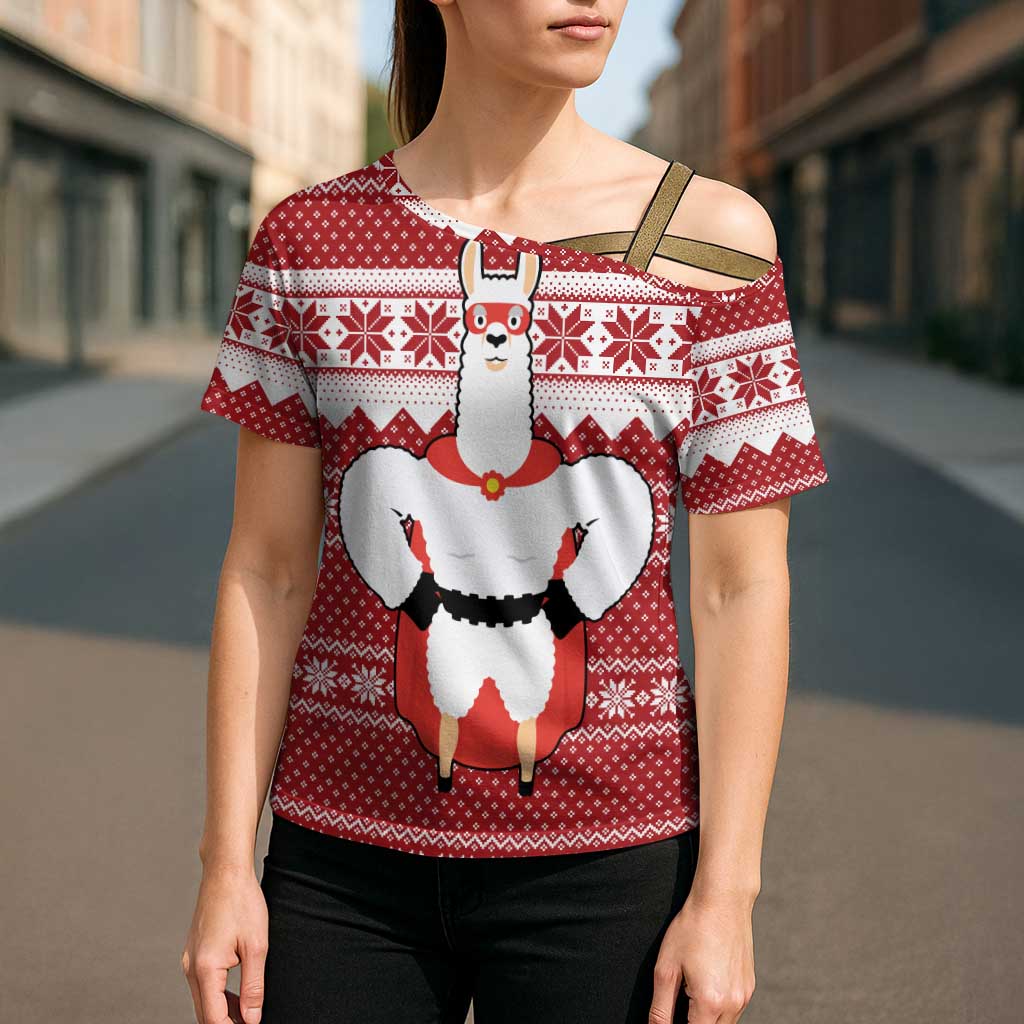 Llama Superhero Christmas Cross Shoulder Shirt Xmas Holiday Patterns - Wonder Print Shop