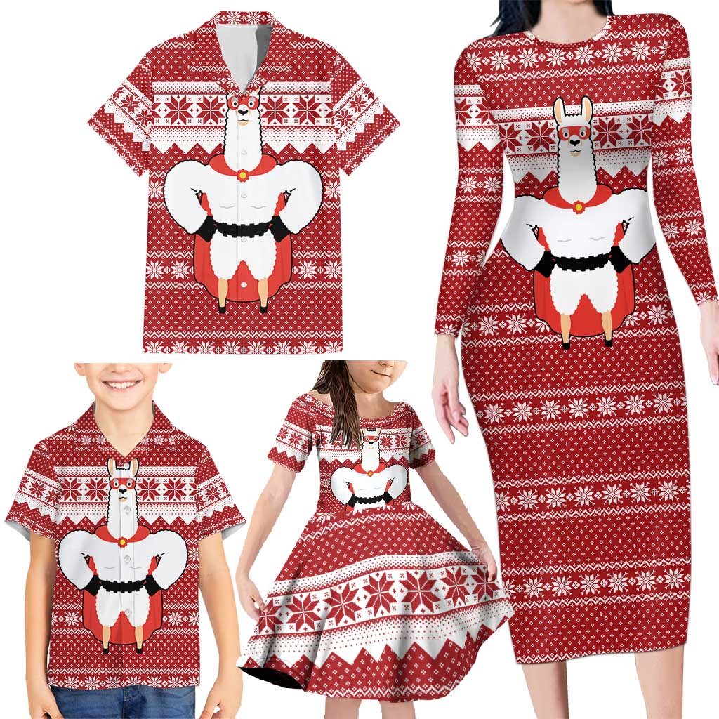 Llama Superhero Christmas Family Matching Long Sleeve Bodycon Dress and Hawaiian Shirt Xmas Holiday Patterns - Wonder Print Shop