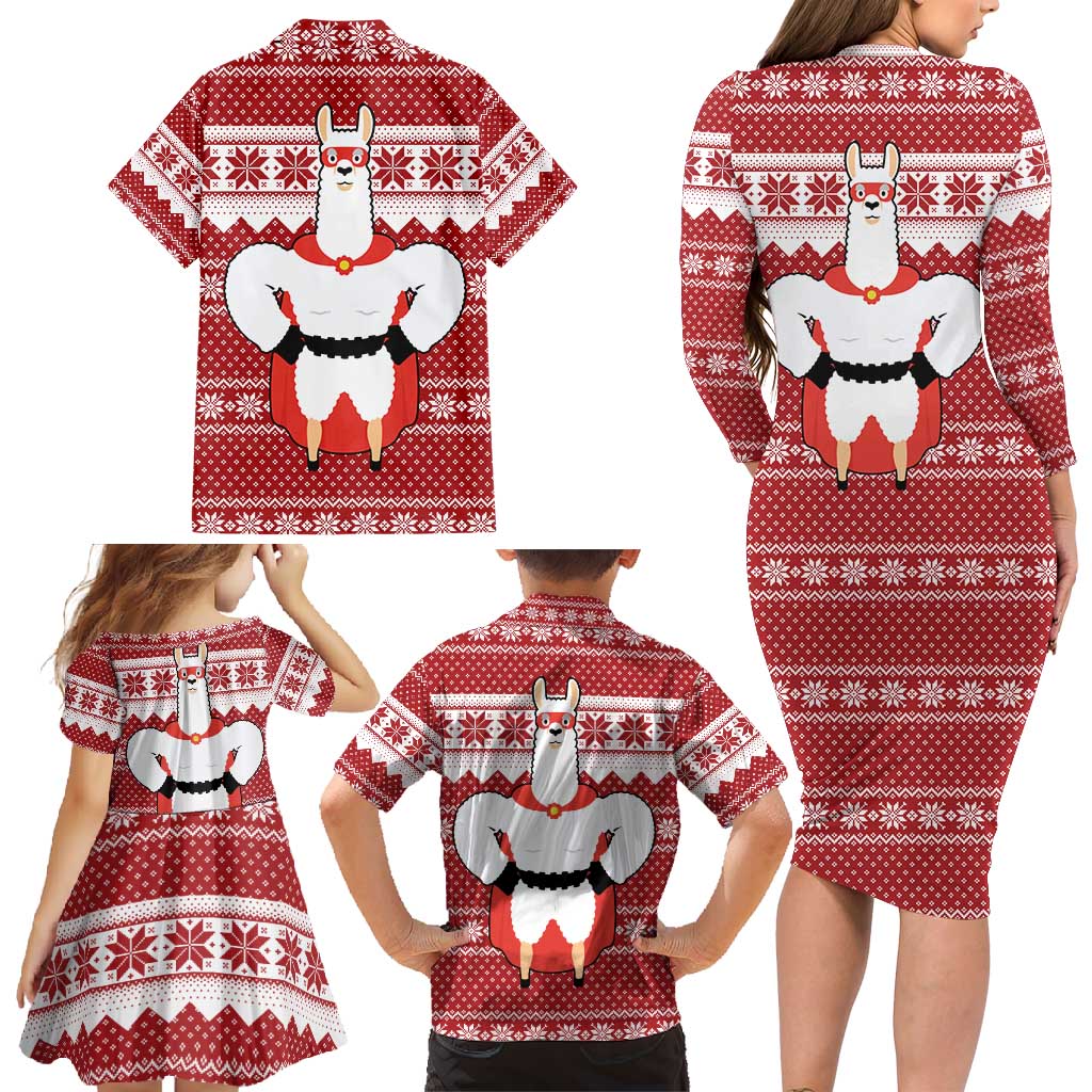 Llama Superhero Christmas Family Matching Long Sleeve Bodycon Dress and Hawaiian Shirt Xmas Holiday Patterns - Wonder Print Shop