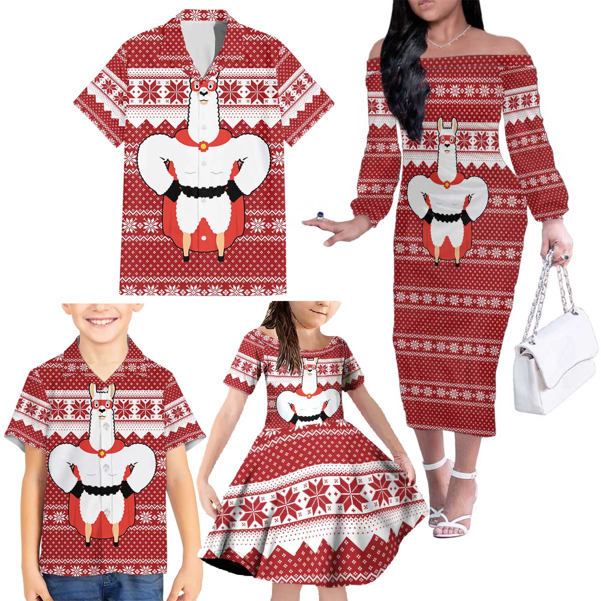 Llama Superhero Christmas Family Matching Off The Shoulder Long Sleeve Dress and Hawaiian Shirt Xmas Holiday Patterns - Wonder Print Shop
