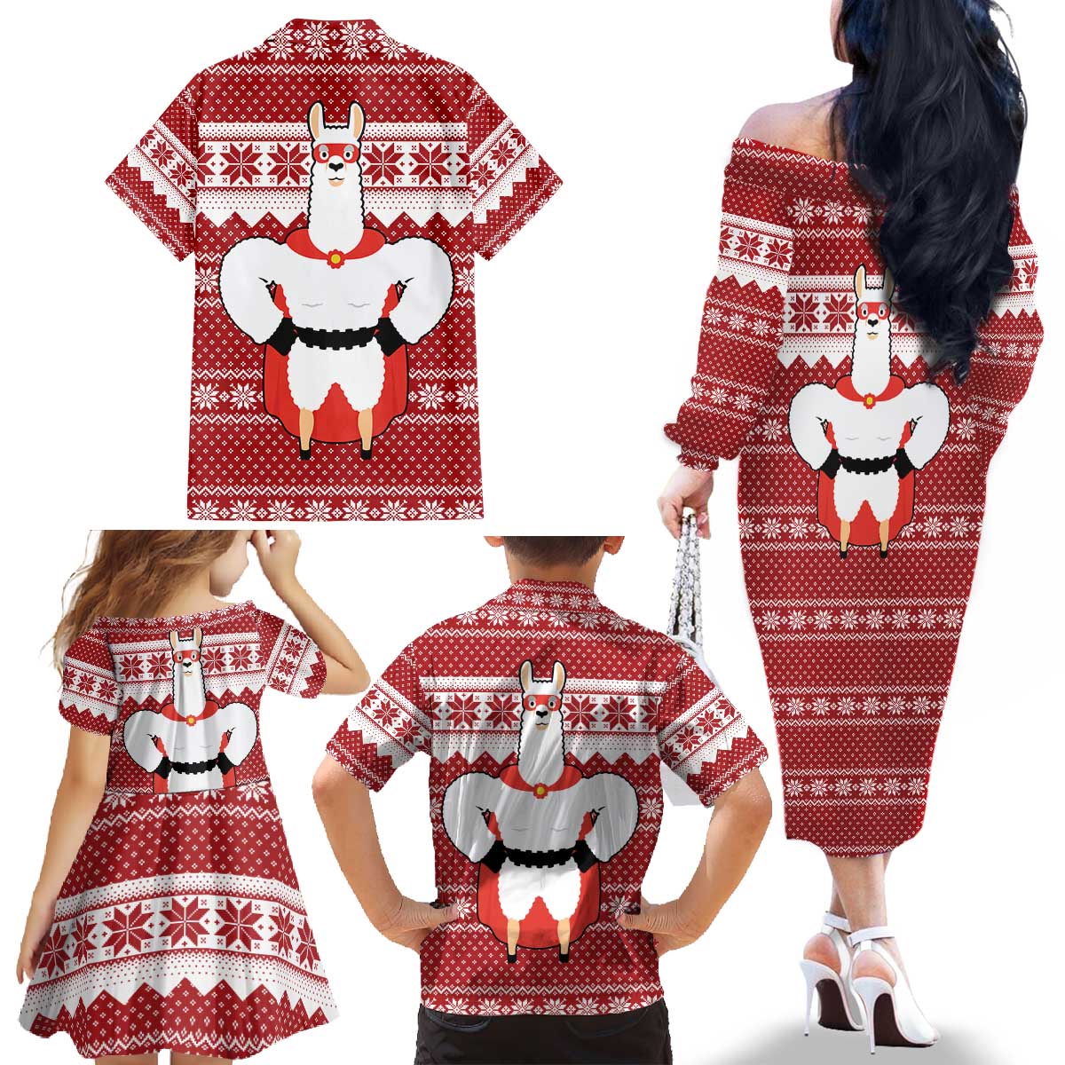 Llama Superhero Christmas Family Matching Off The Shoulder Long Sleeve Dress and Hawaiian Shirt Xmas Holiday Patterns - Wonder Print Shop