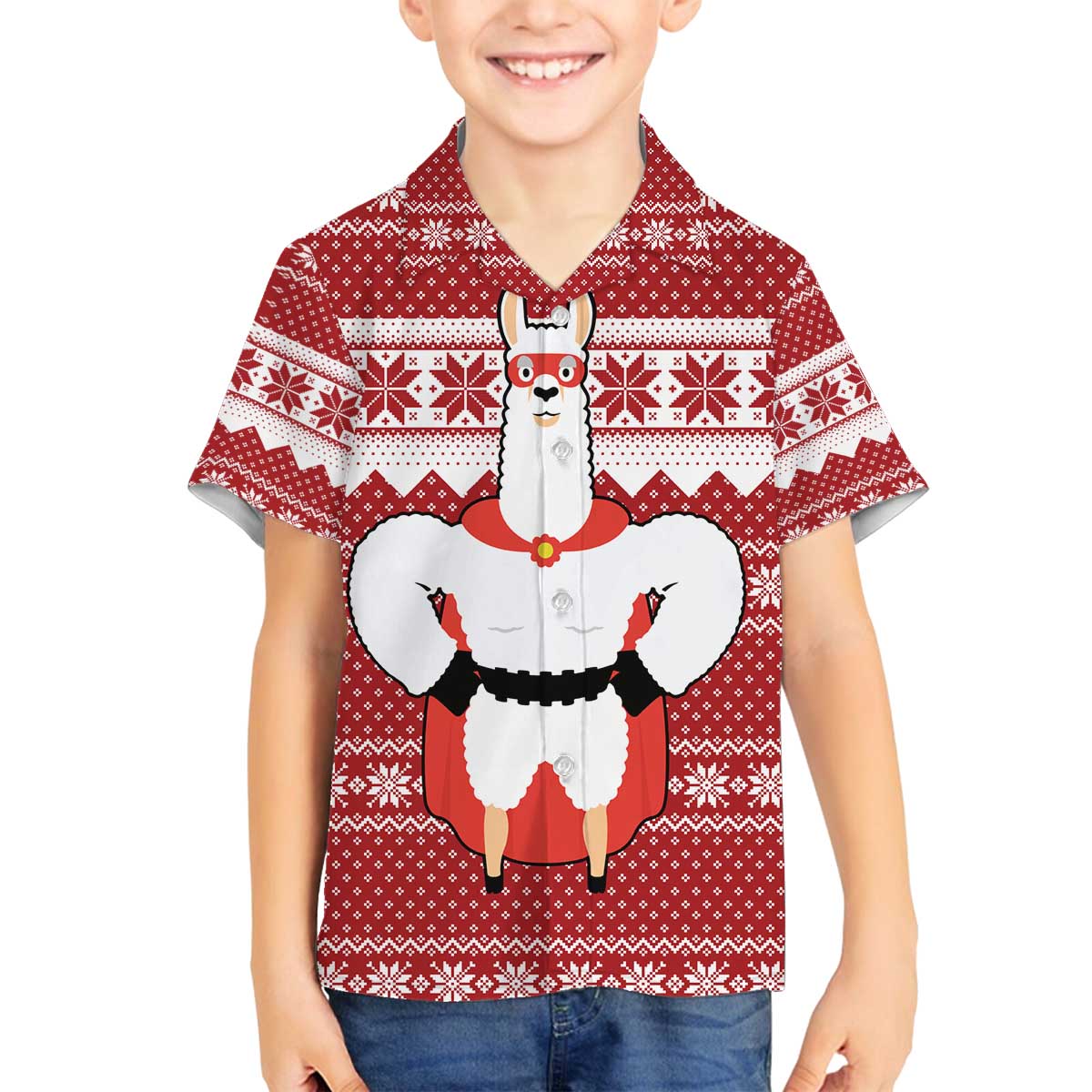 Llama Superhero Christmas Family Matching Off The Shoulder Long Sleeve Dress and Hawaiian Shirt Xmas Holiday Patterns - Wonder Print Shop