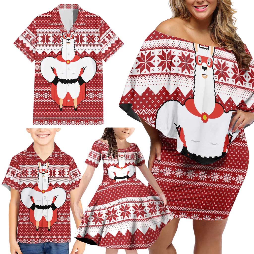 Llama Superhero Christmas Family Matching Off Shoulder Short Dress and Hawaiian Shirt Xmas Holiday Patterns - Wonder Print Shop