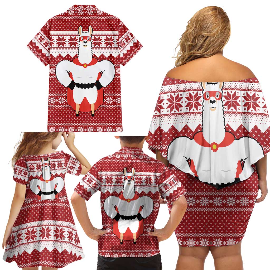 Llama Superhero Christmas Family Matching Off Shoulder Short Dress and Hawaiian Shirt Xmas Holiday Patterns - Wonder Print Shop