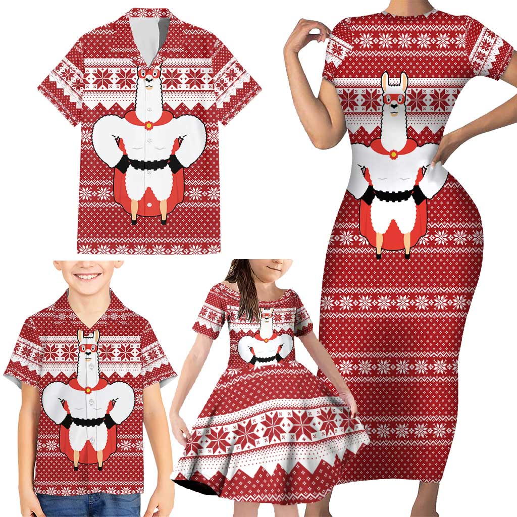 Llama Superhero Christmas Family Matching Short Sleeve Bodycon Dress and Hawaiian Shirt Xmas Holiday Patterns - Wonder Print Shop
