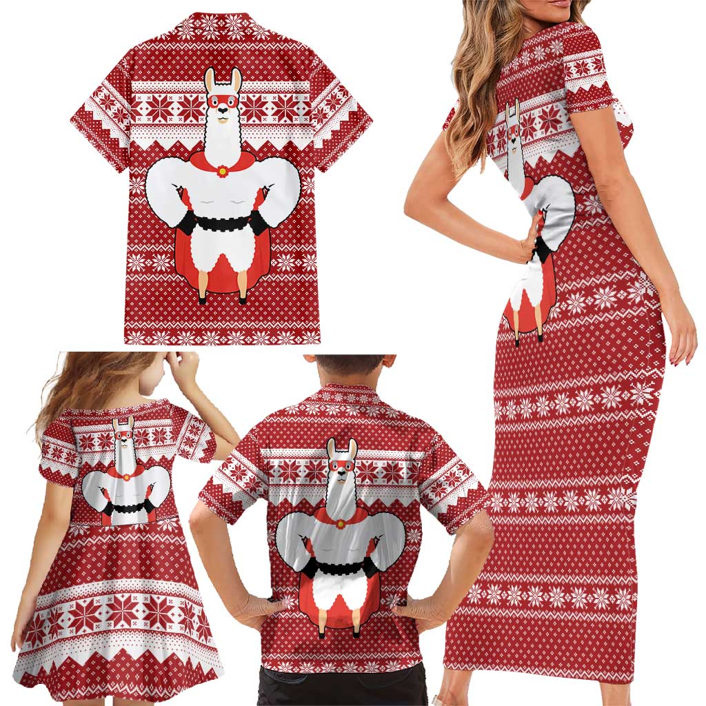Llama Superhero Christmas Family Matching Short Sleeve Bodycon Dress and Hawaiian Shirt Xmas Holiday Patterns - Wonder Print Shop