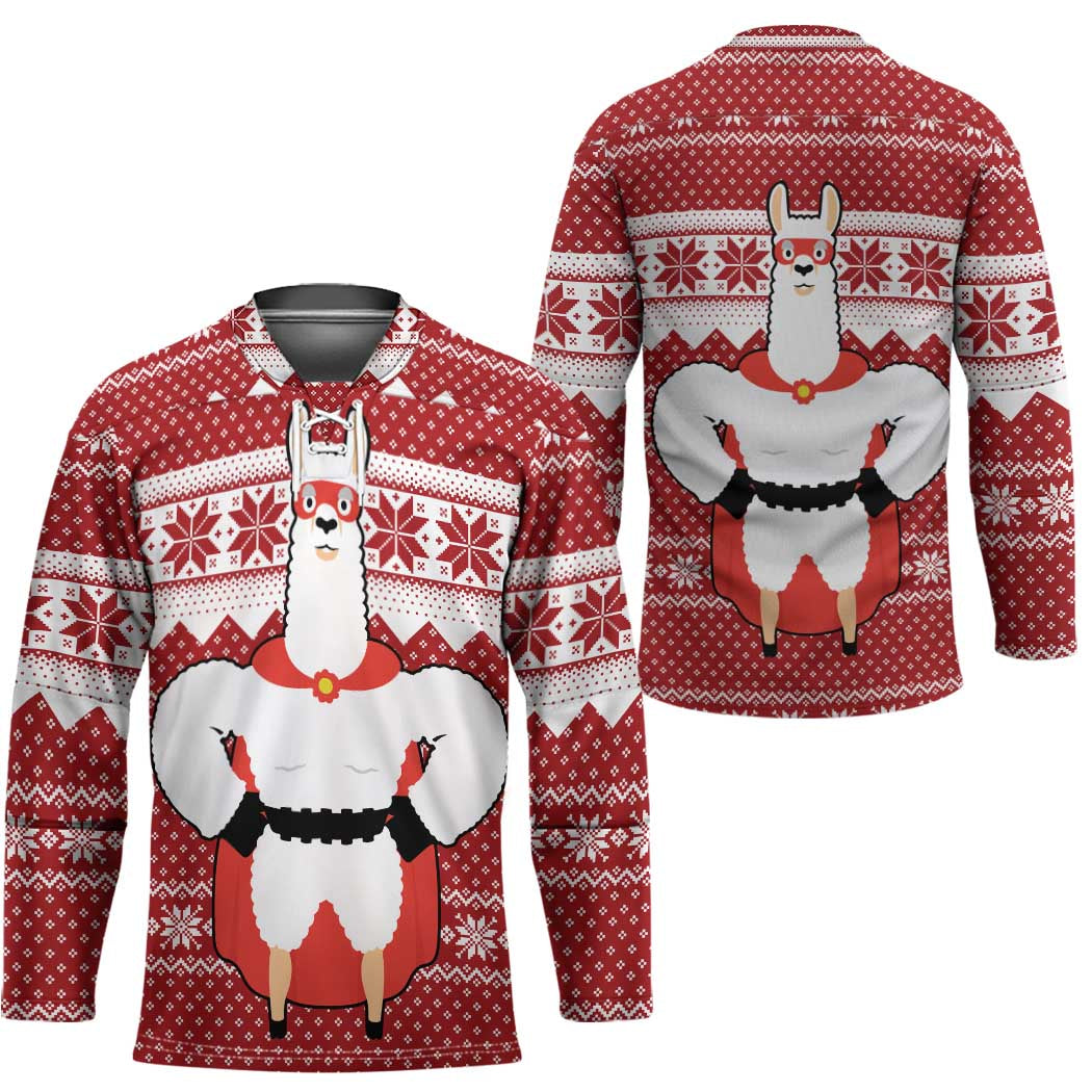 Llama Superhero Christmas Hockey Jersey Xmas Holiday Patterns - Wonder Print Shop