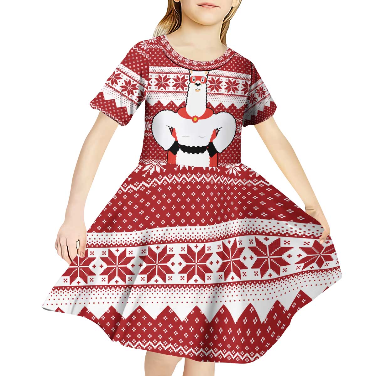Llama Superhero Christmas Kid Short Sleeve Dress Xmas Holiday Patterns - Wonder Print Shop