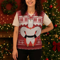 Llama Superhero Christmas Knitted V-Neck Vest Xmas Holiday Patterns - Wonder Print Shop