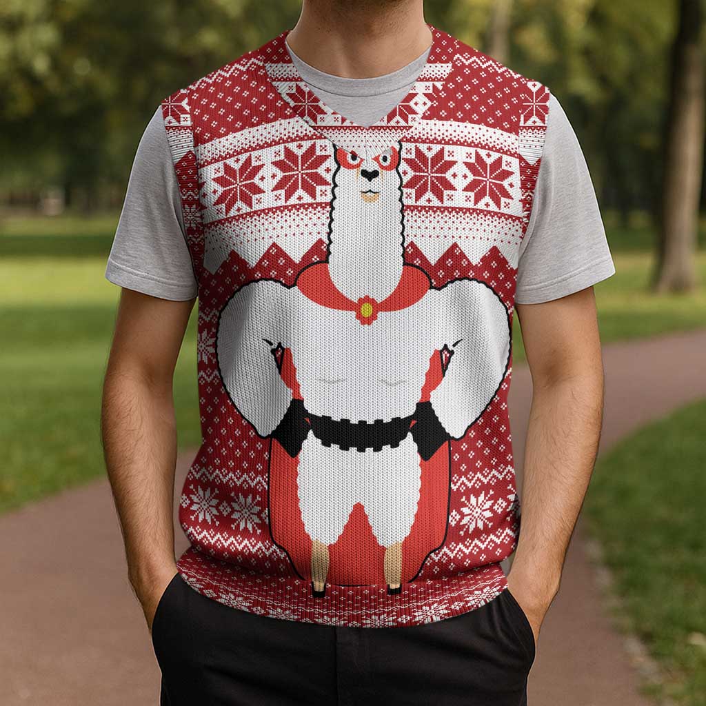 Llama Superhero Christmas Knitted V-Neck Vest Xmas Holiday Patterns - Wonder Print Shop