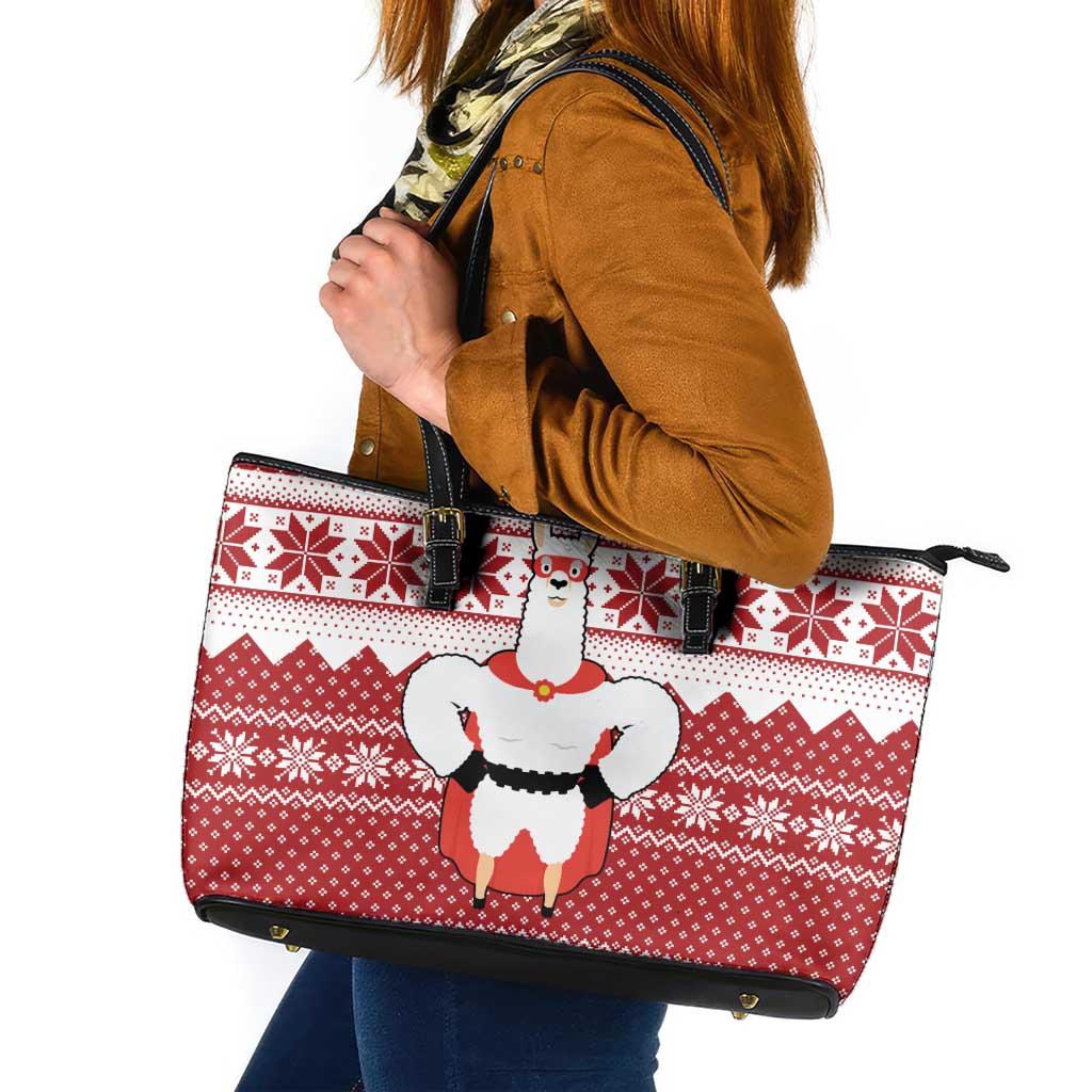 Llama Superhero Christmas Leather Tote Bag Xmas Holiday Patterns - Wonder Print Shop