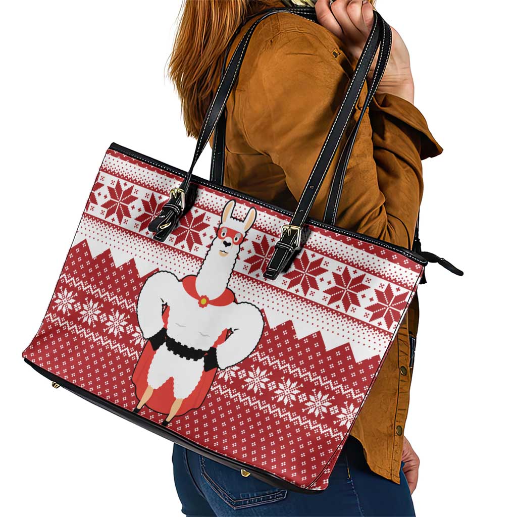 Llama Superhero Christmas Leather Tote Bag Xmas Holiday Patterns - Wonder Print Shop