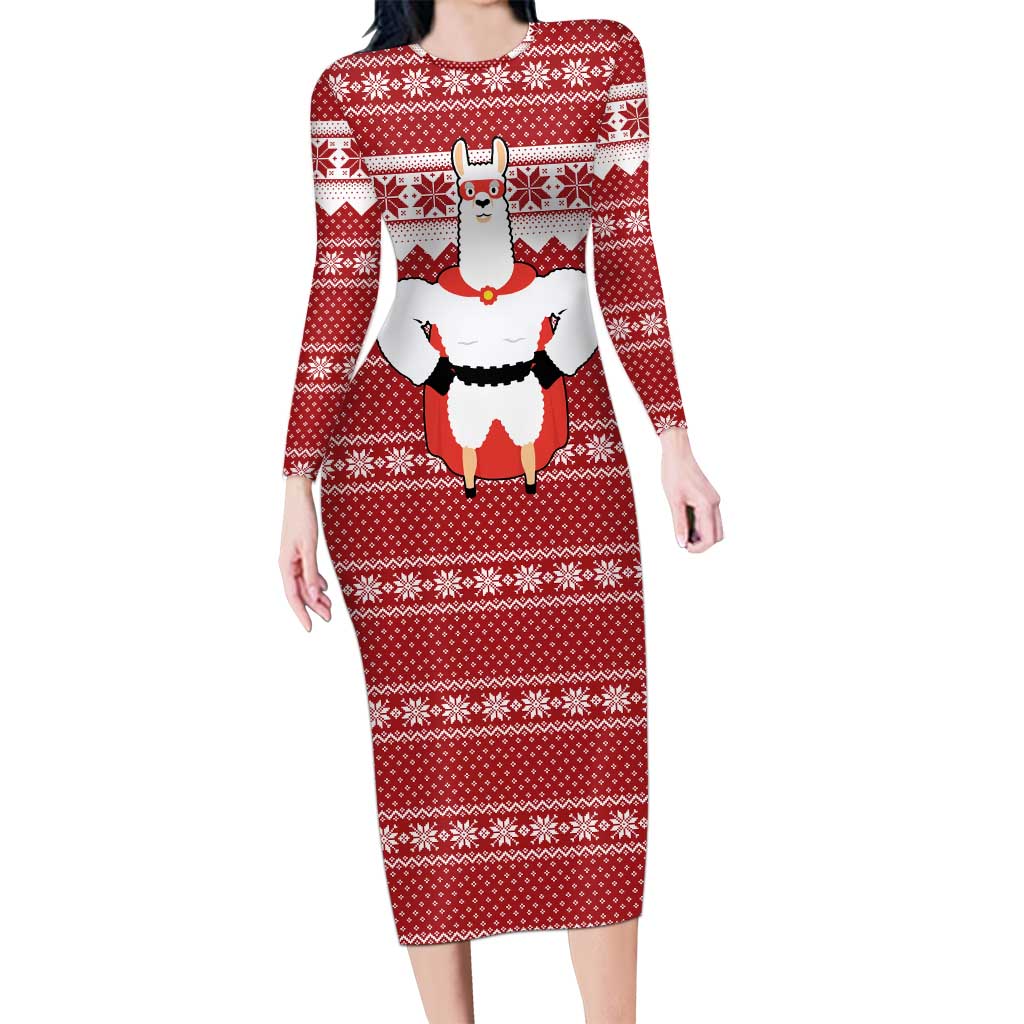 Llama Superhero Christmas Long Sleeve Bodycon Dress Xmas Holiday Patterns - Wonder Print Shop