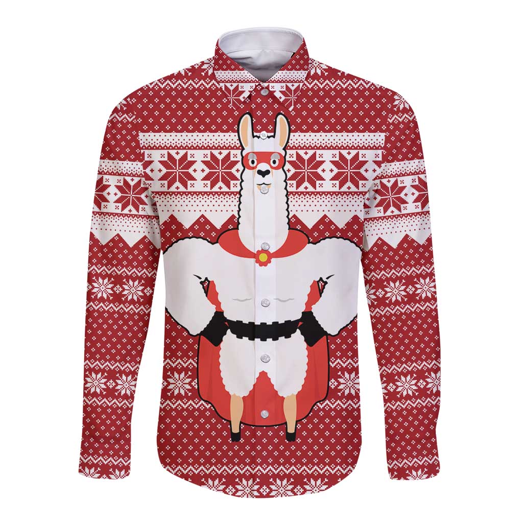 Llama Superhero Christmas Long Sleeve Button Shirt Xmas Holiday Patterns - Wonder Print Shop