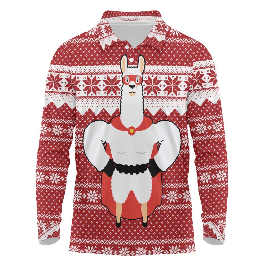 Llama Superhero Christmas Long Sleeve Polo Shirt Xmas Holiday Patterns - Wonder Print Shop