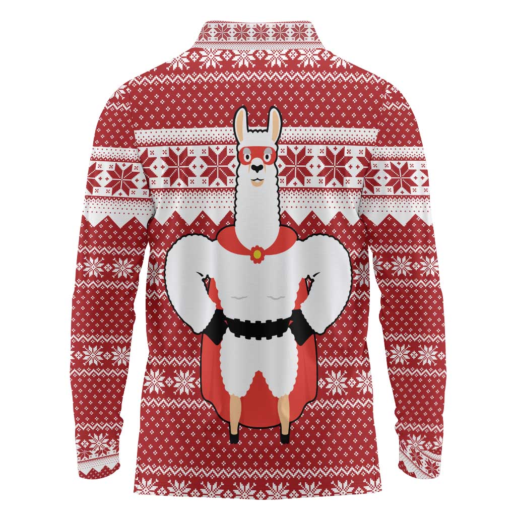 Llama Superhero Christmas Long Sleeve Polo Shirt Xmas Holiday Patterns - Wonder Print Shop