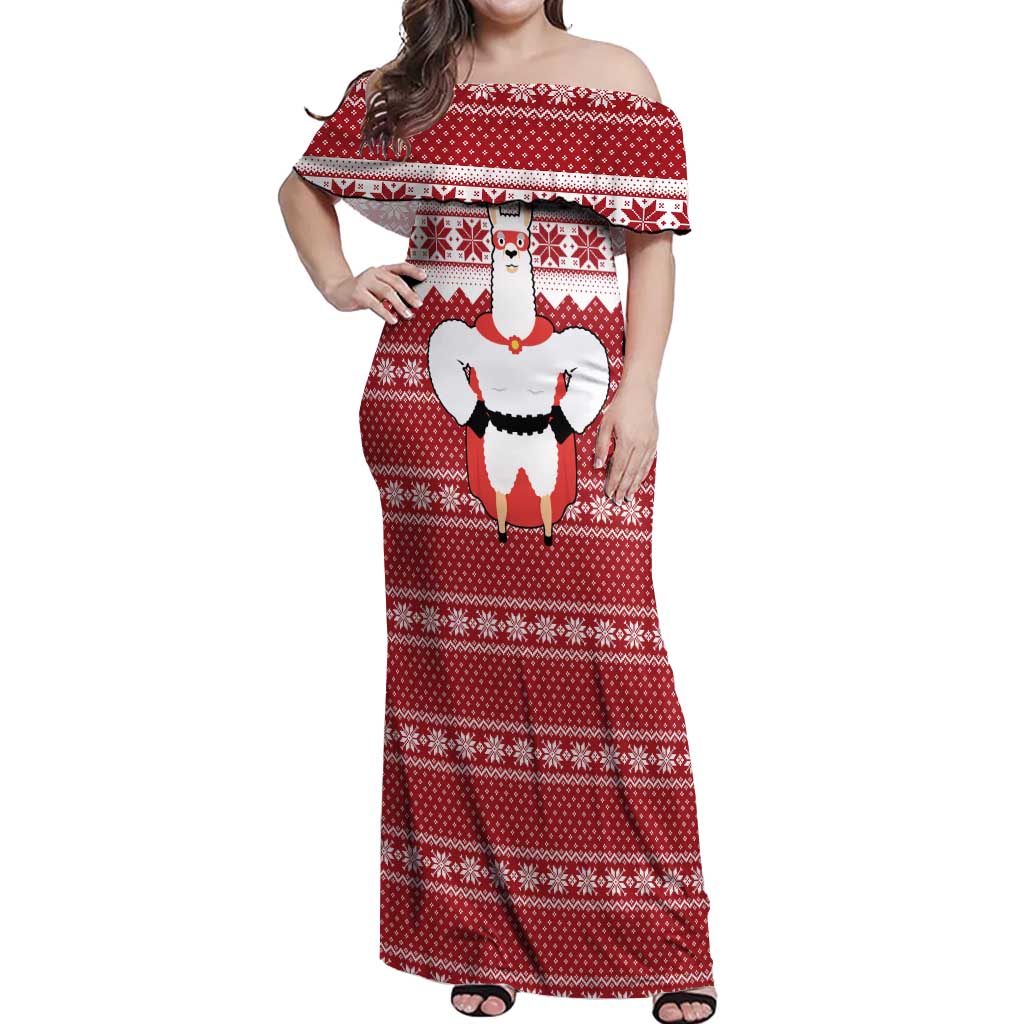 Llama Superhero Christmas Off Shoulder Maxi Dress Xmas Holiday Patterns - Wonder Print Shop