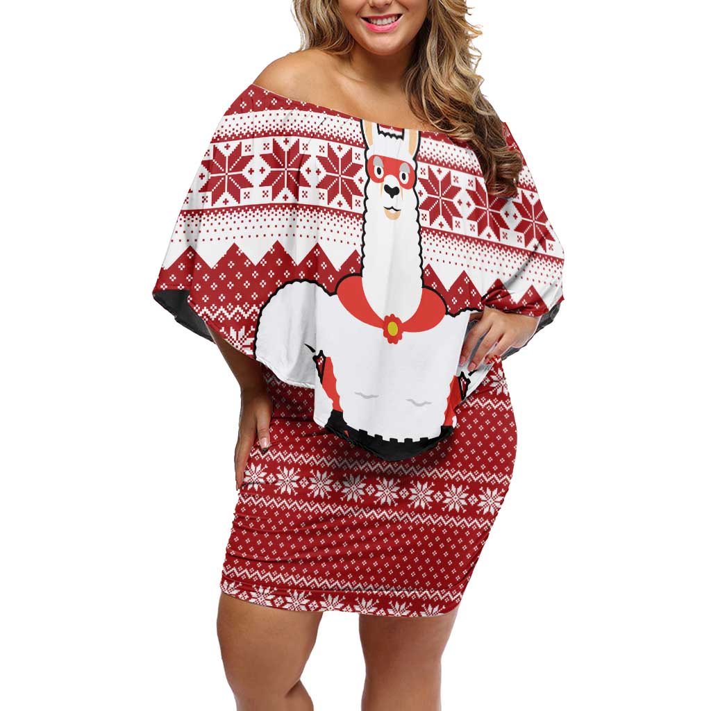Llama Superhero Christmas Off Shoulder Short Dress Xmas Holiday Patterns - Wonder Print Shop