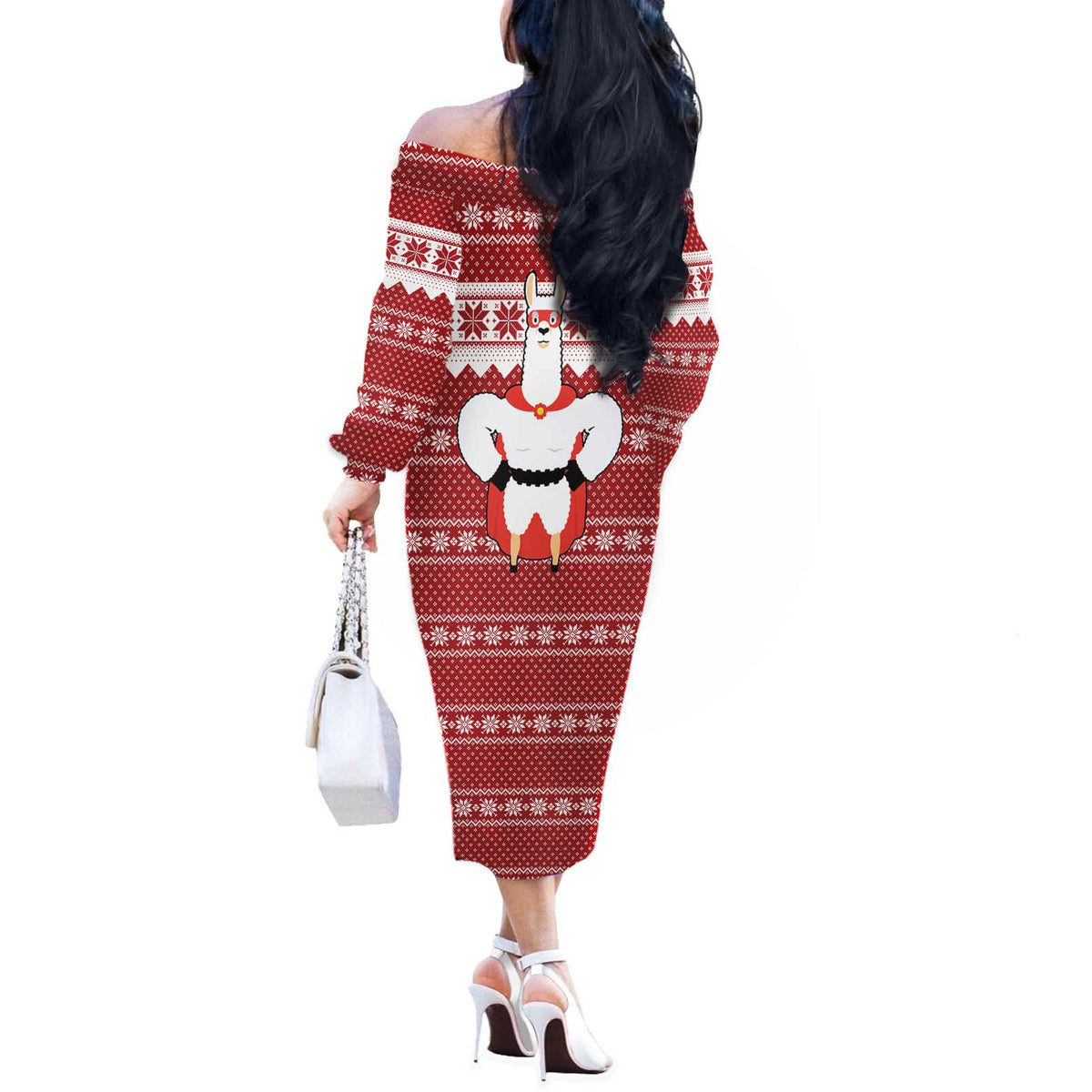 Llama Superhero Christmas Off The Shoulder Long Sleeve Dress Xmas Holiday Patterns - Wonder Print Shop