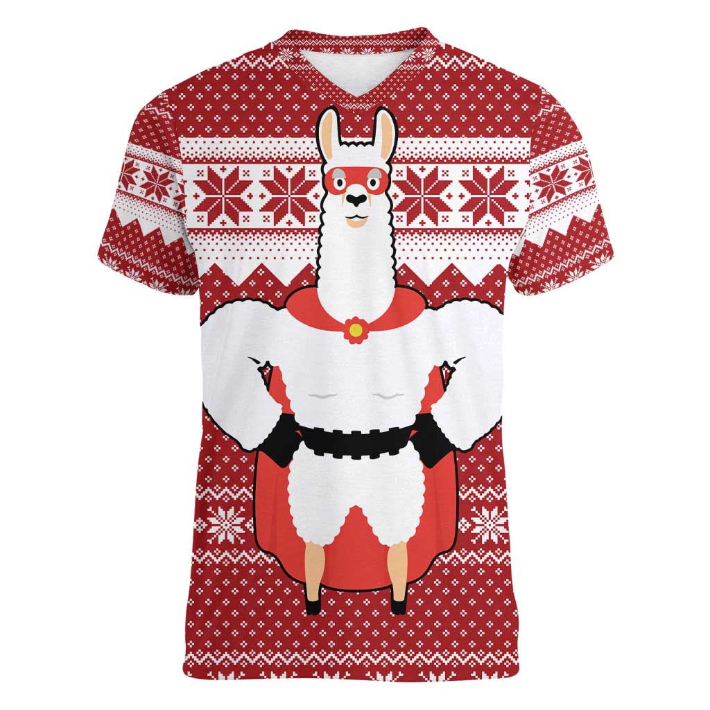Llama Superhero Christmas Women V-Neck T-Shirt Xmas Holiday Patterns - Wonder Print Shop