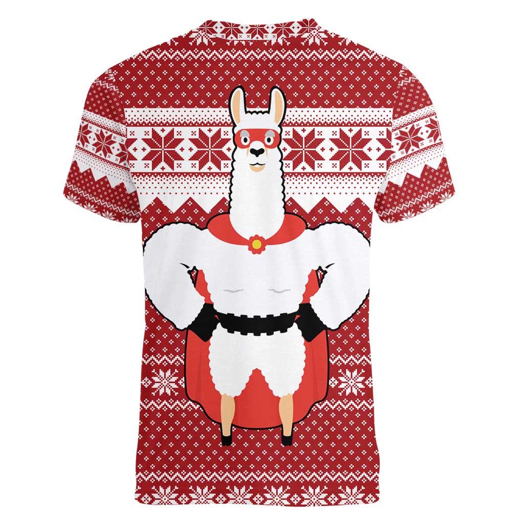 Llama Superhero Christmas Women V-Neck T-Shirt Xmas Holiday Patterns - Wonder Print Shop