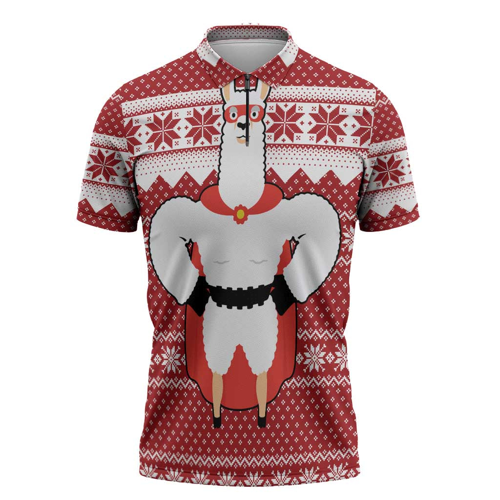 Llama Superhero Christmas Zipper Polo Shirt Xmas Holiday Patterns - Wonder Print Shop