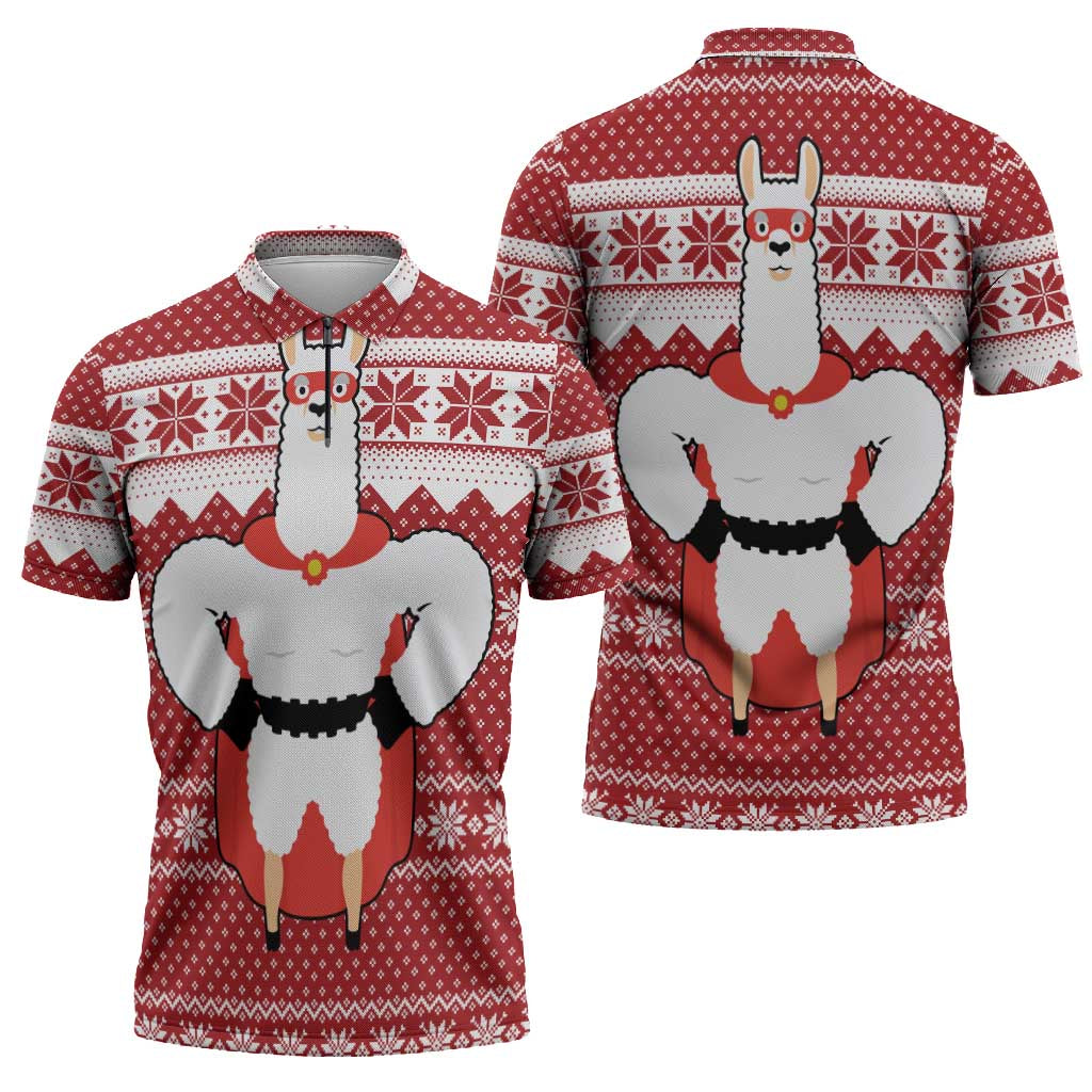 Llama Superhero Christmas Zipper Polo Shirt Xmas Holiday Patterns - Wonder Print Shop