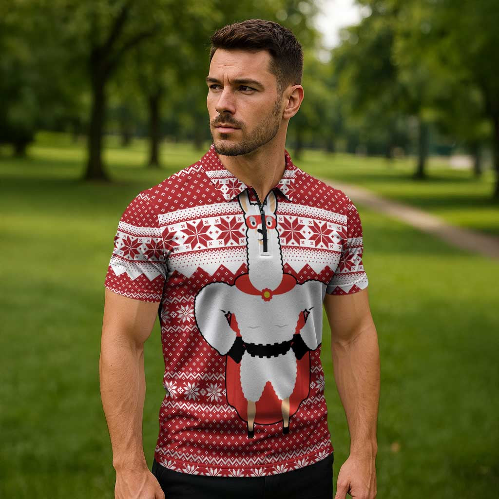 Llama Superhero Christmas Zipper Polo Shirt Xmas Holiday Patterns - Wonder Print Shop