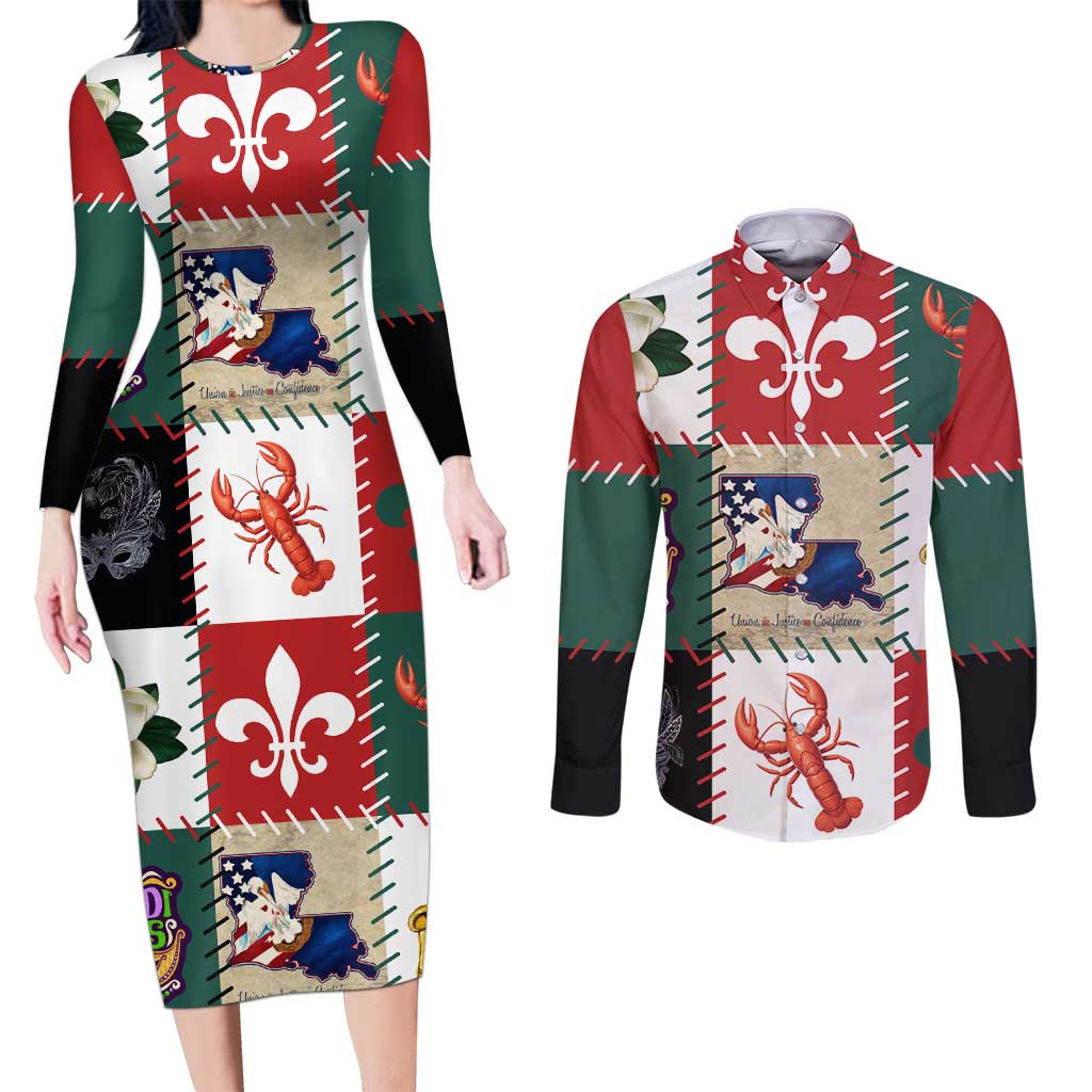 Louisiana Famous Things Christmas Couples Matching Long Sleeve Bodycon Dress and Long Sleeve Button Shirt Xmas Holiday Patterns - Wonder Print Shop