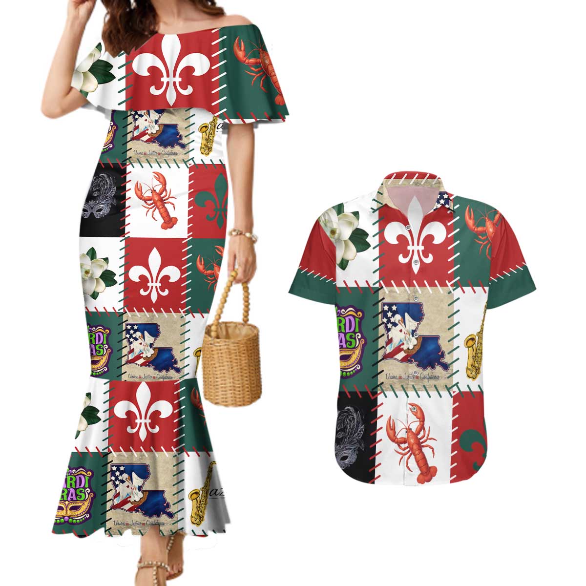 Louisiana Famous Things Christmas Couples Matching Mermaid Dress and Hawaiian Shirt Xmas Holiday Patterns - Wonder Print Shop