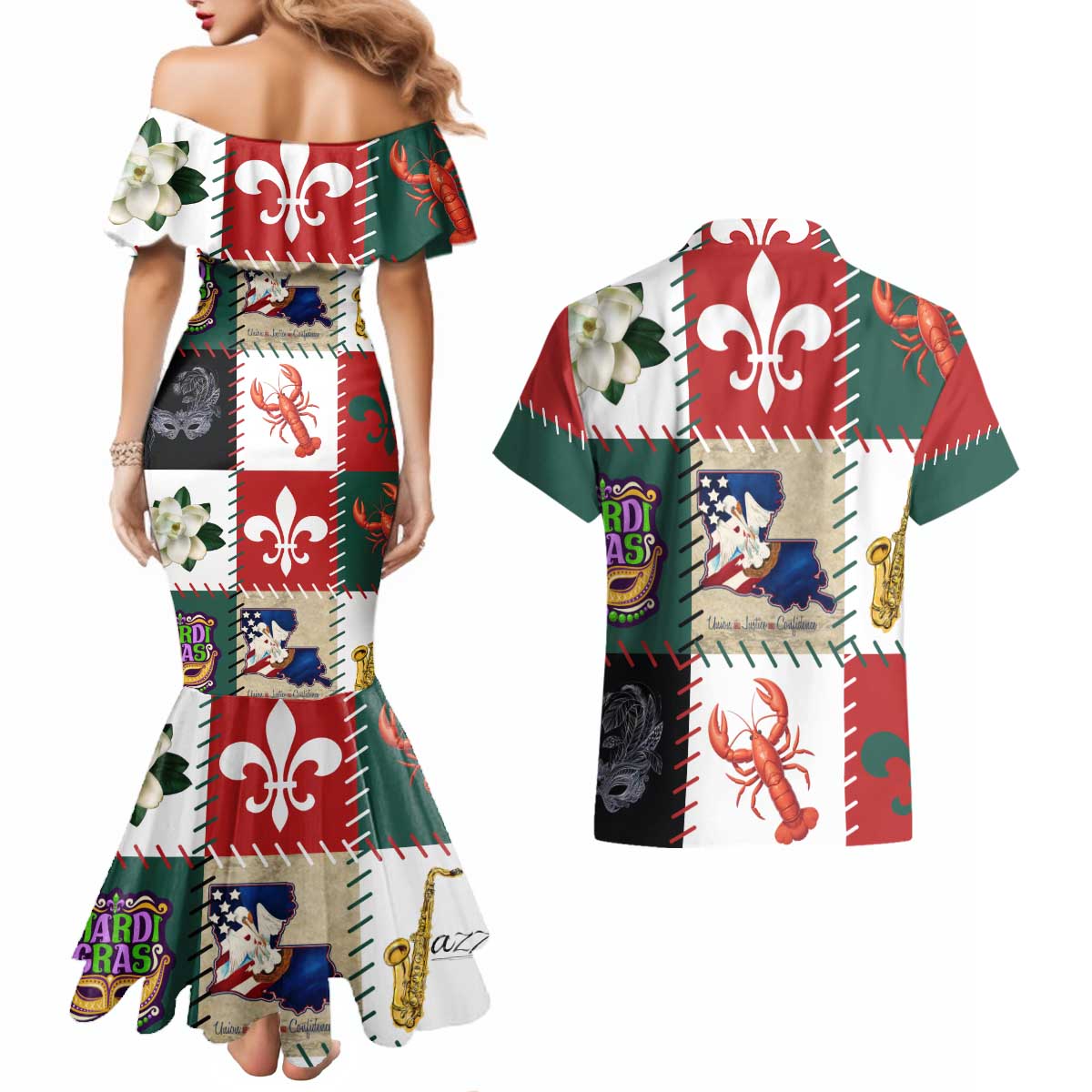 Louisiana Famous Things Christmas Couples Matching Mermaid Dress and Hawaiian Shirt Xmas Holiday Patterns - Wonder Print Shop